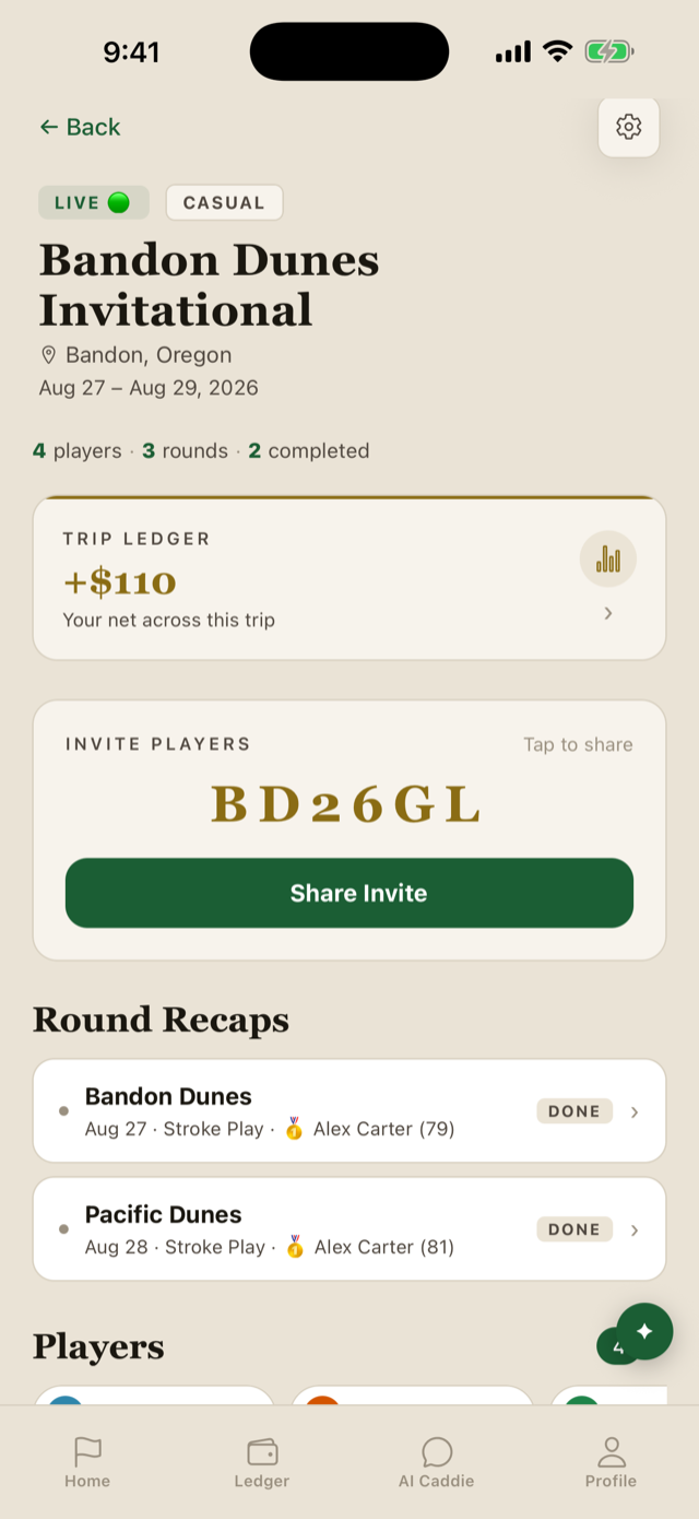 Sunday Sticks trip dashboard showing rounds, players, and standings